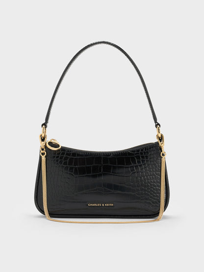Elspeth Croc-Effect Chain-Link Shoulder Bag - Black Croco | CHARLES & KEITH