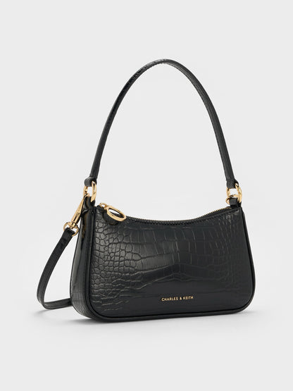 Elspeth Croc-Effect Chain-Link Shoulder Bag - Black Croco | CHARLES & KEITH