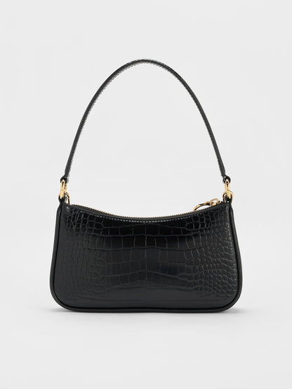 Elspeth Croc-Effect Chain-Link Shoulder Bag - Black Croco | CHARLES & KEITH