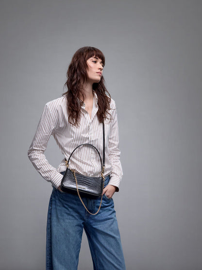 Elspeth Croc-Effect Chain-Link Shoulder Bag - Black Croco | CHARLES & KEITH