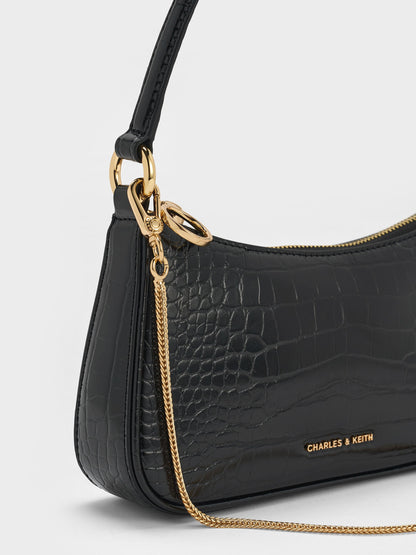 Elspeth Croc-Effect Chain-Link Shoulder Bag - Black Croco | CHARLES & KEITH