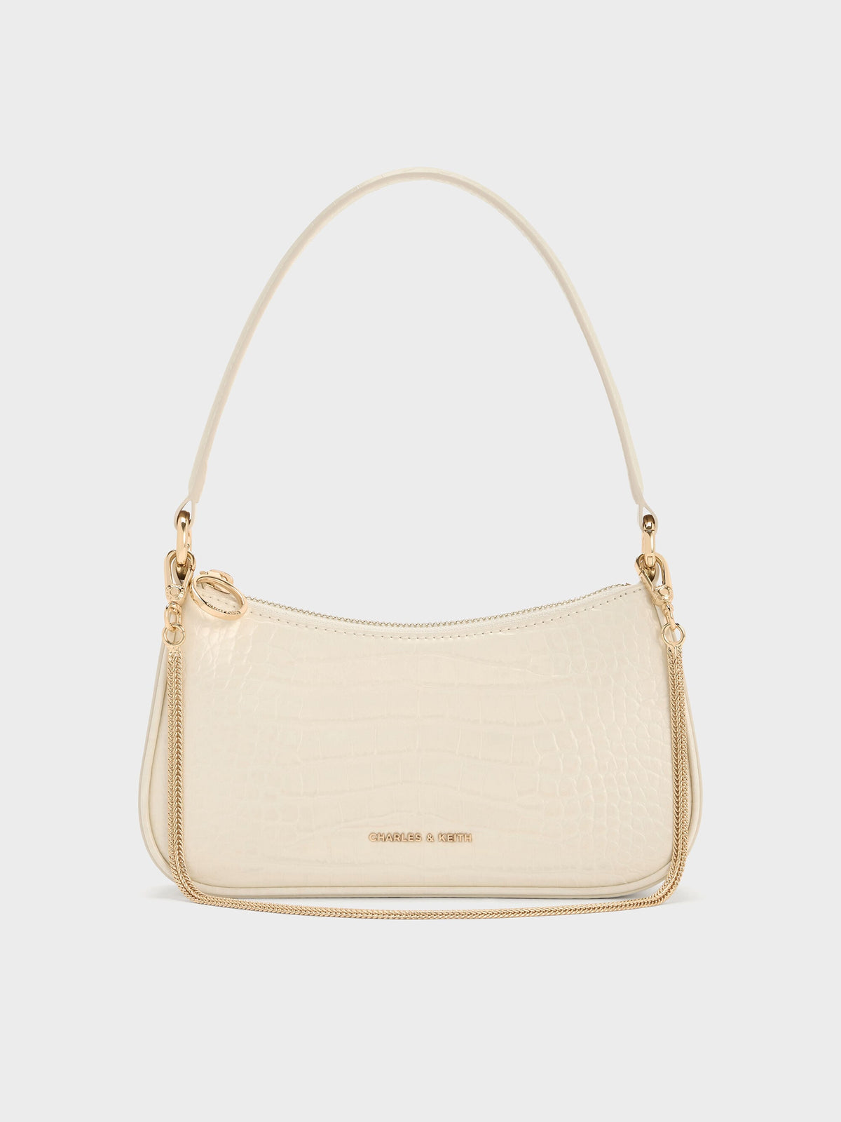 Elspeth Croc-Effect Chain-Link Shoulder Bag - Cream Croco | CHARLES & KEITH