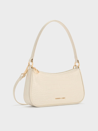 Elspeth Croc-Effect Chain-Link Shoulder Bag - Cream Croco | CHARLES & KEITH