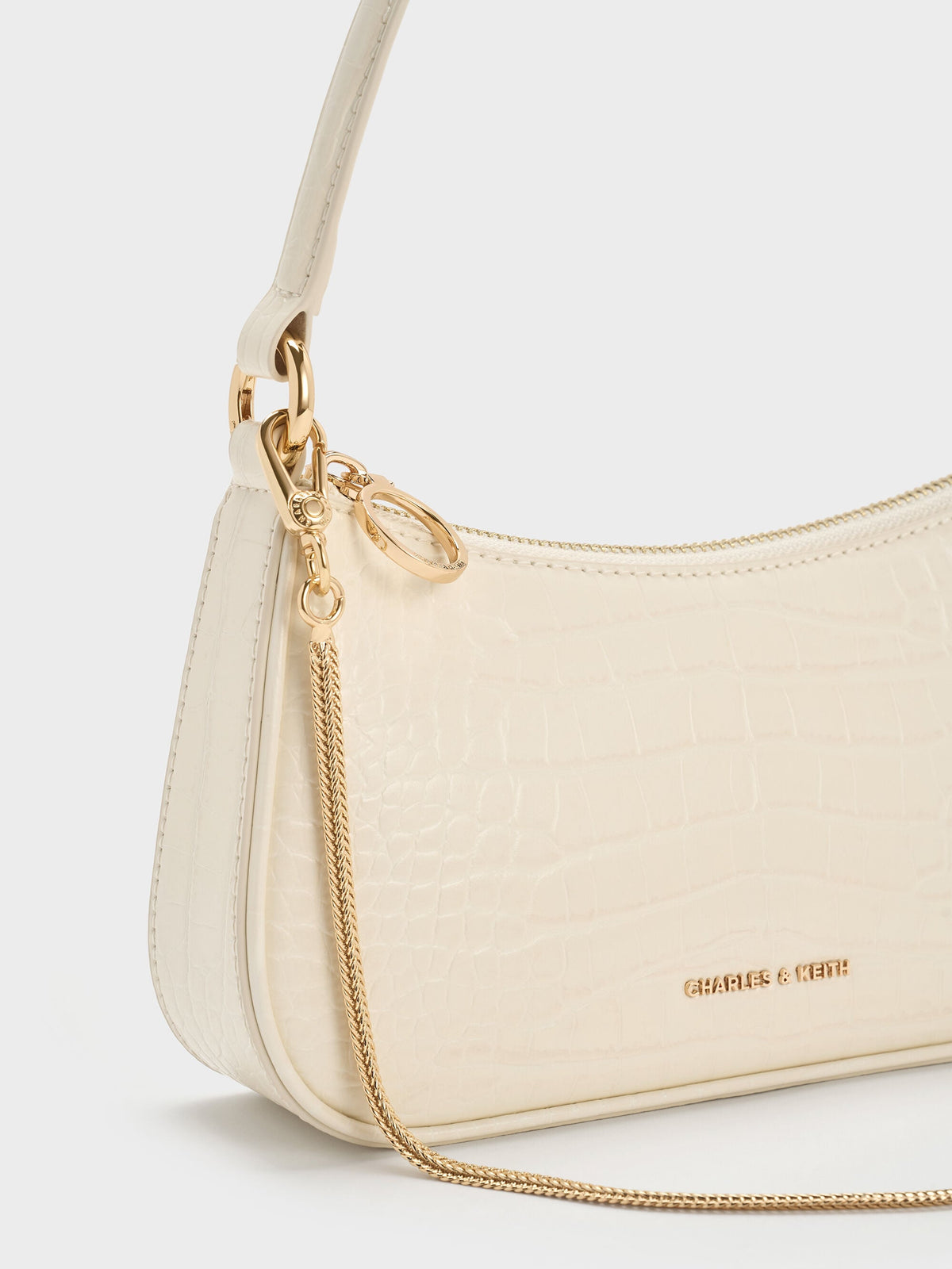 Elspeth Croc-Effect Chain-Link Shoulder Bag - Cream Croco | CHARLES & KEITH