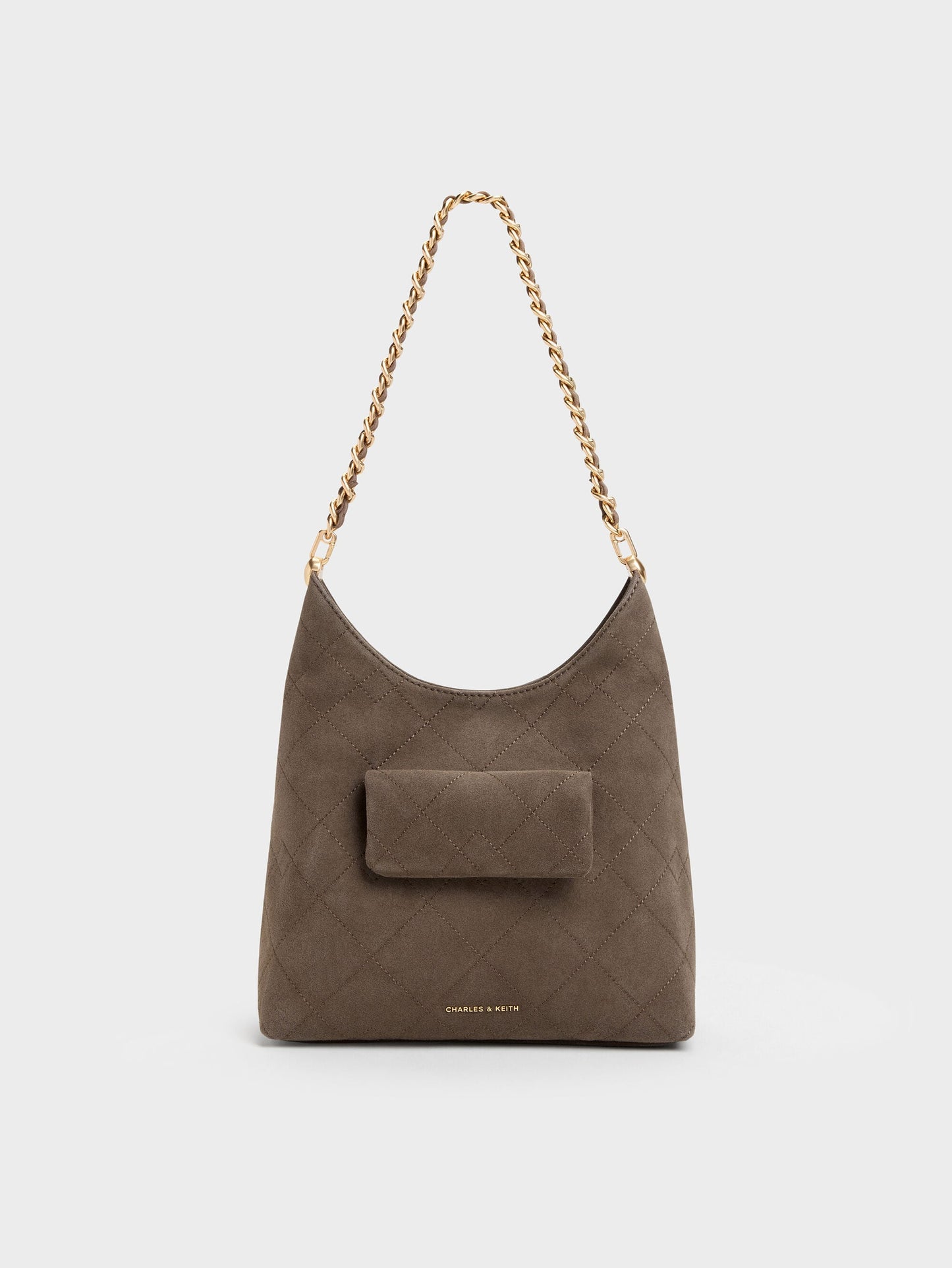Duo Quilted Front-Pocket Chain Hobo Bag - Stone Grey | CHARLES & KEITH