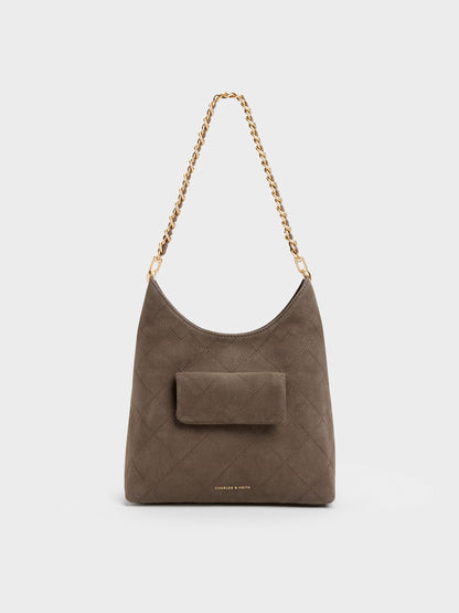 Duo Quilted Front-Pocket Chain Hobo Bag - Stone Grey | CHARLES & KEITH