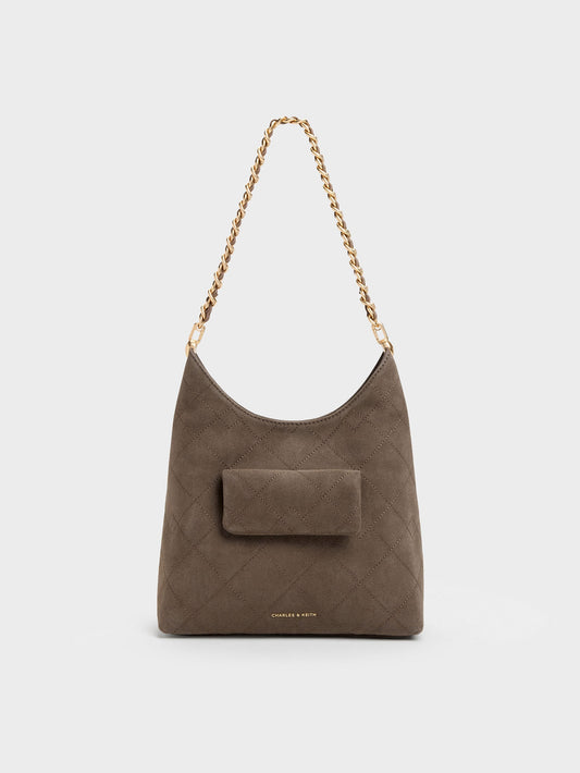 Duo Quilted Front-Pocket Chain Hobo Bag - Stone Grey | CHARLES & KEITH