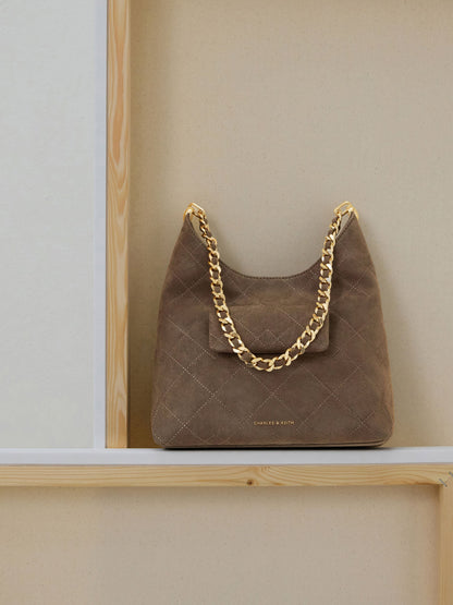 Duo Quilted Front-Pocket Chain Hobo Bag - Stone Grey | CHARLES & KEITH