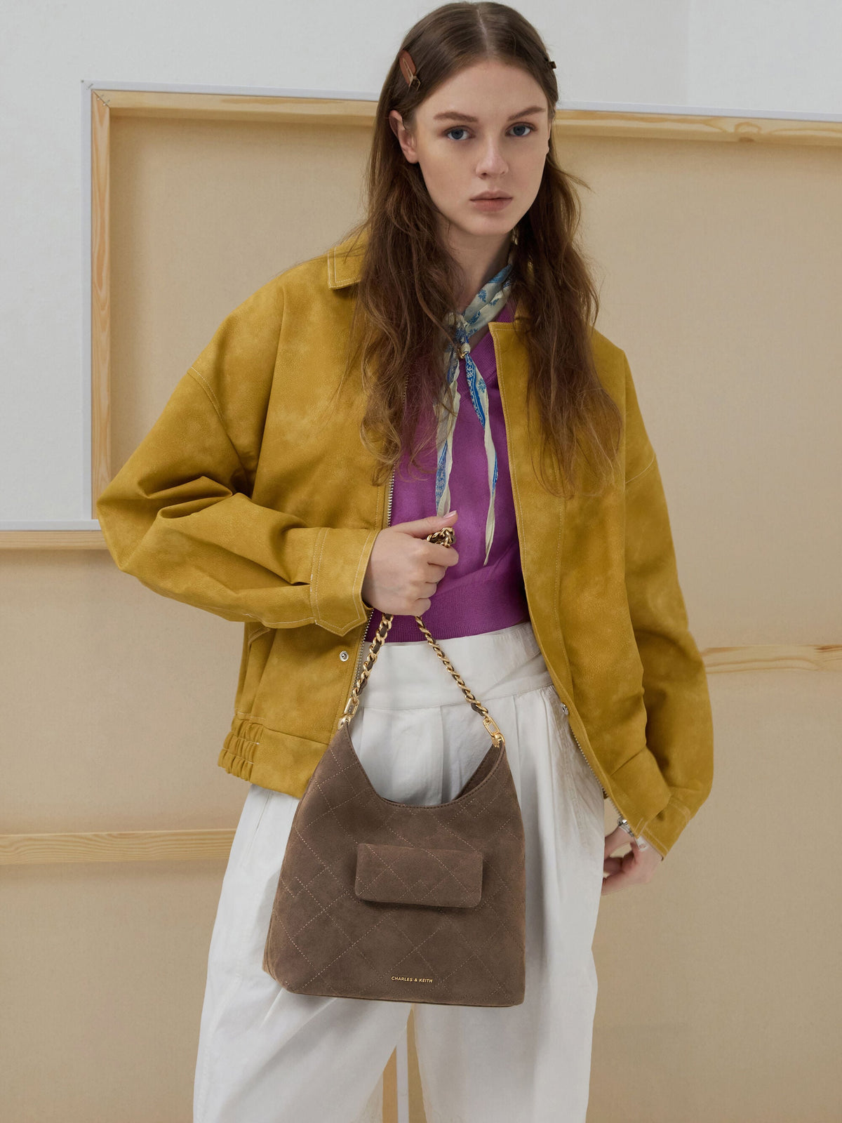 Duo Quilted Front-Pocket Chain Hobo Bag - Stone Grey | CHARLES & KEITH