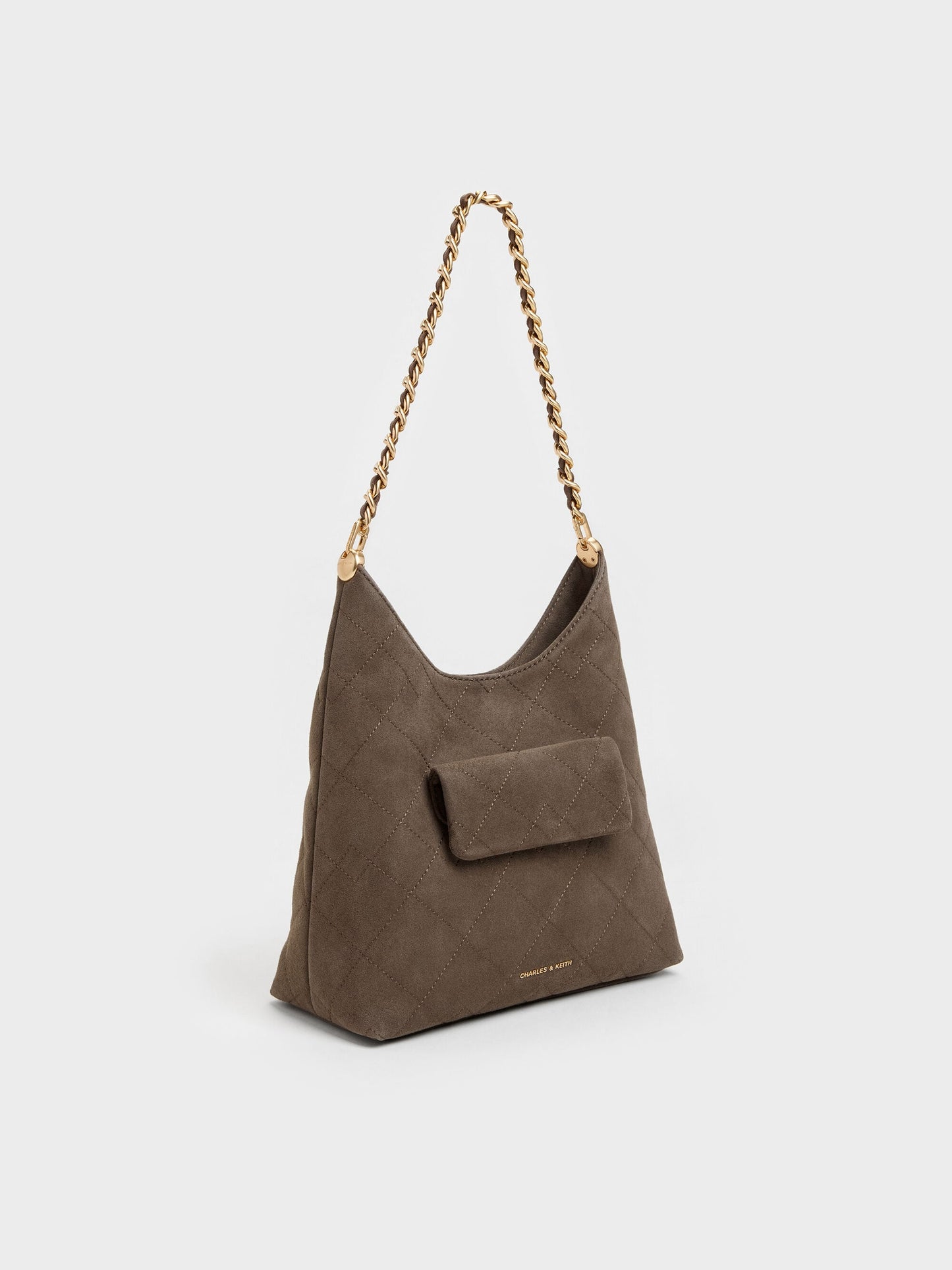 Duo Quilted Front-Pocket Chain Hobo Bag - Stone Grey | CHARLES & KEITH