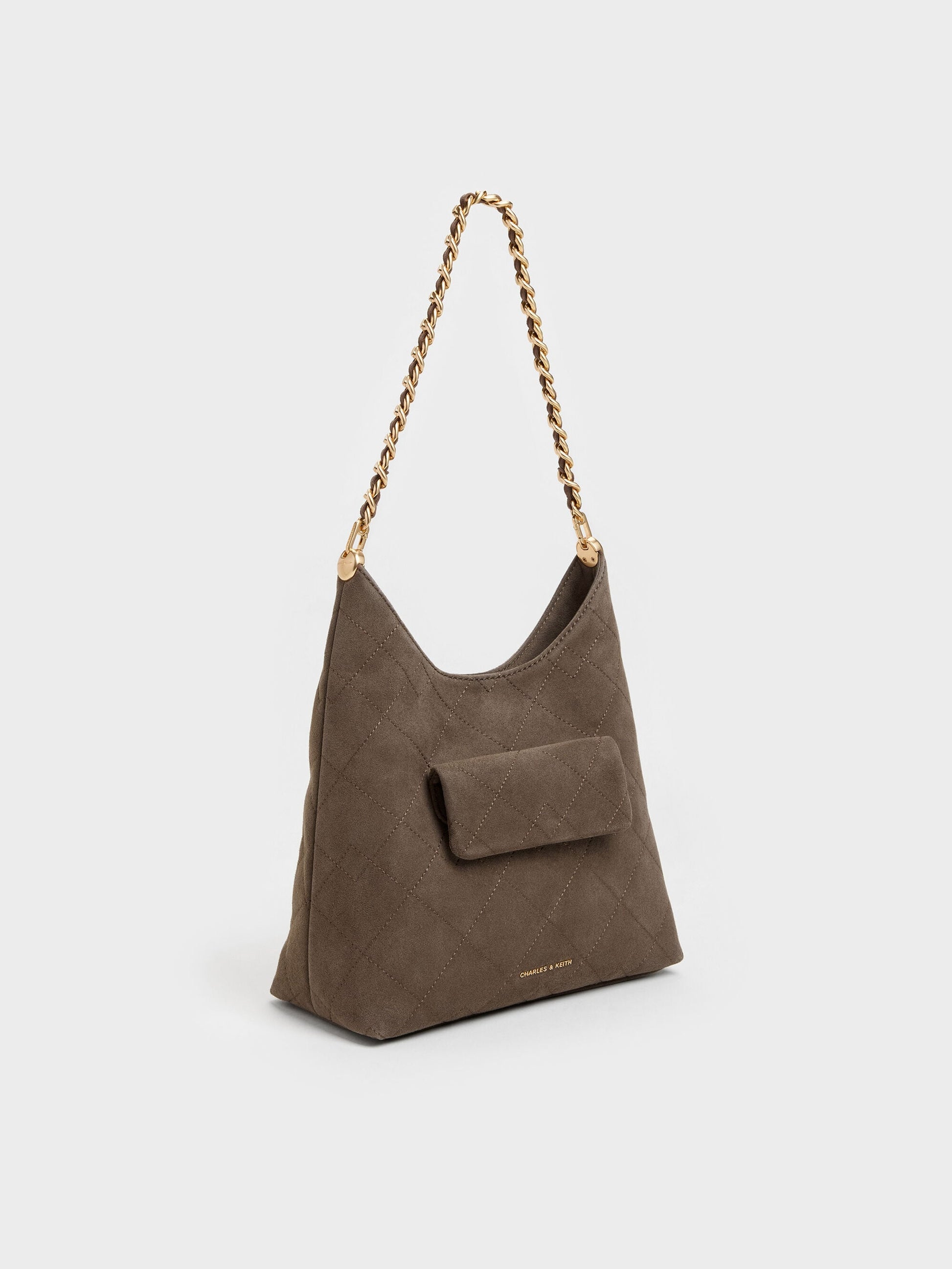 Duo Quilted Front-Pocket Chain Hobo Bag - Stone Grey | CHARLES & KEITH