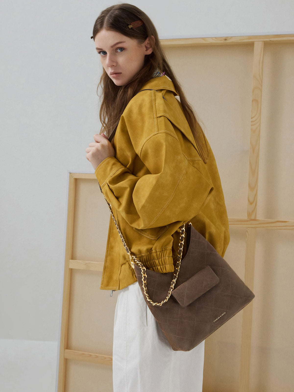 Duo Quilted Front-Pocket Chain Hobo Bag - Stone Grey | CHARLES & KEITH