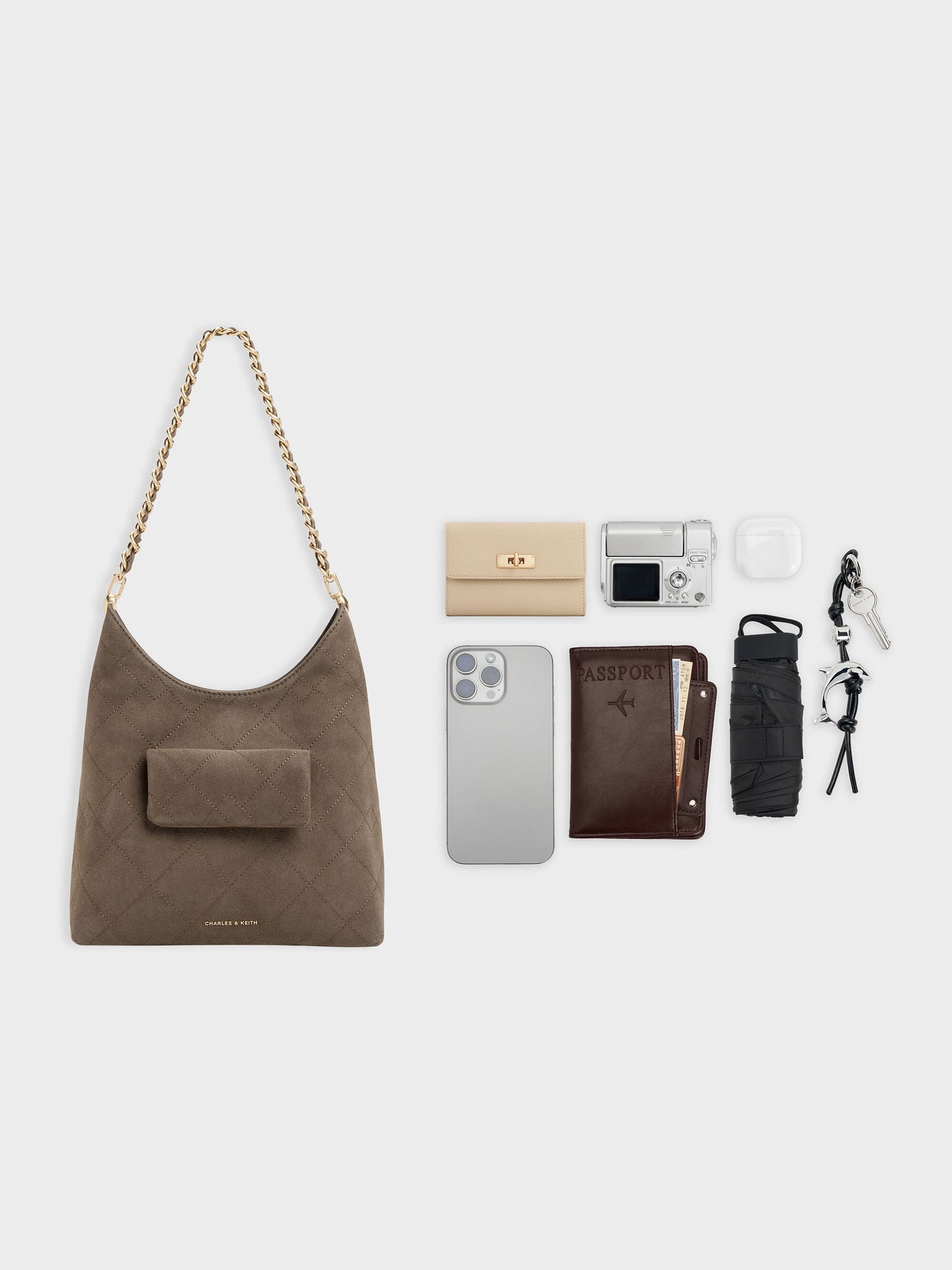 Duo Quilted Front-Pocket Chain Hobo Bag - Stone Grey | CHARLES & KEITH