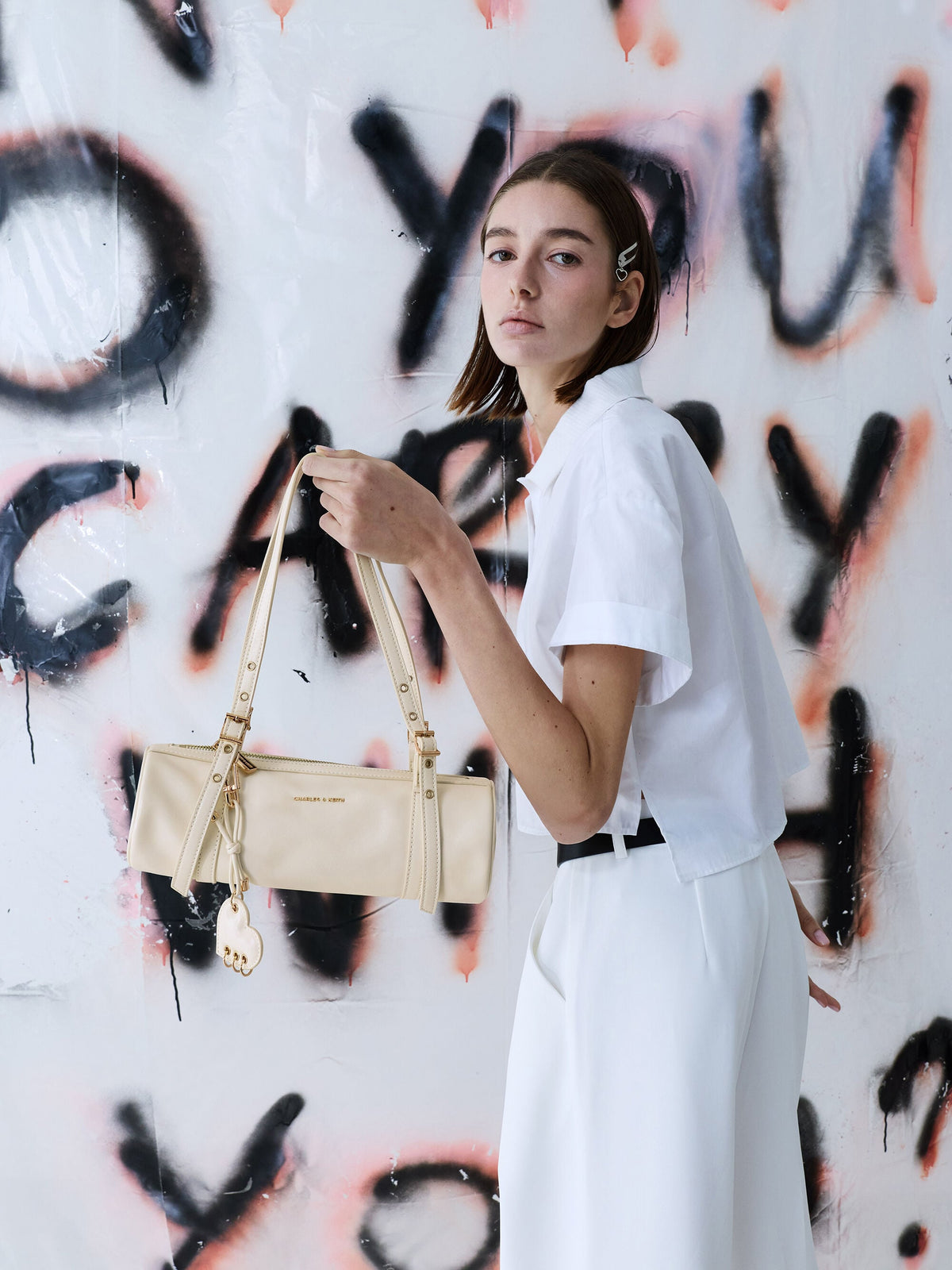 Rey Elongated Shoulder Bag - Cream | CHARLES & KEITH