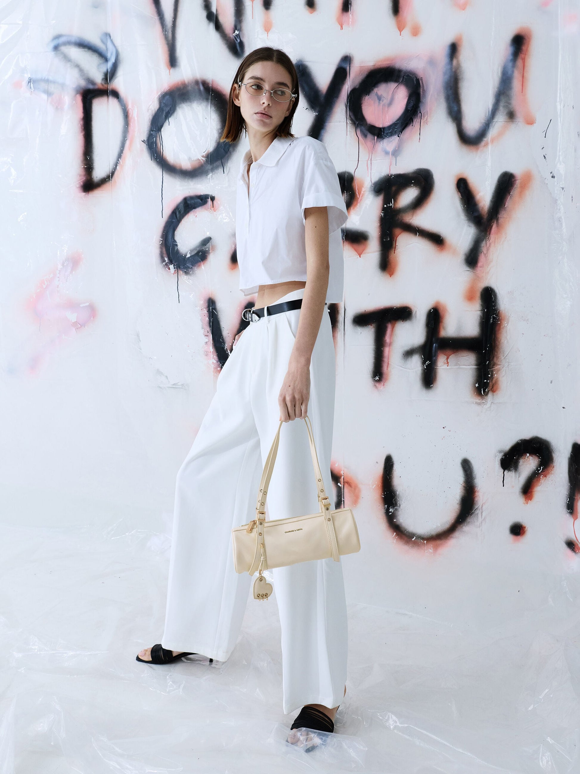 Rey Elongated Shoulder Bag - Cream | CHARLES & KEITH