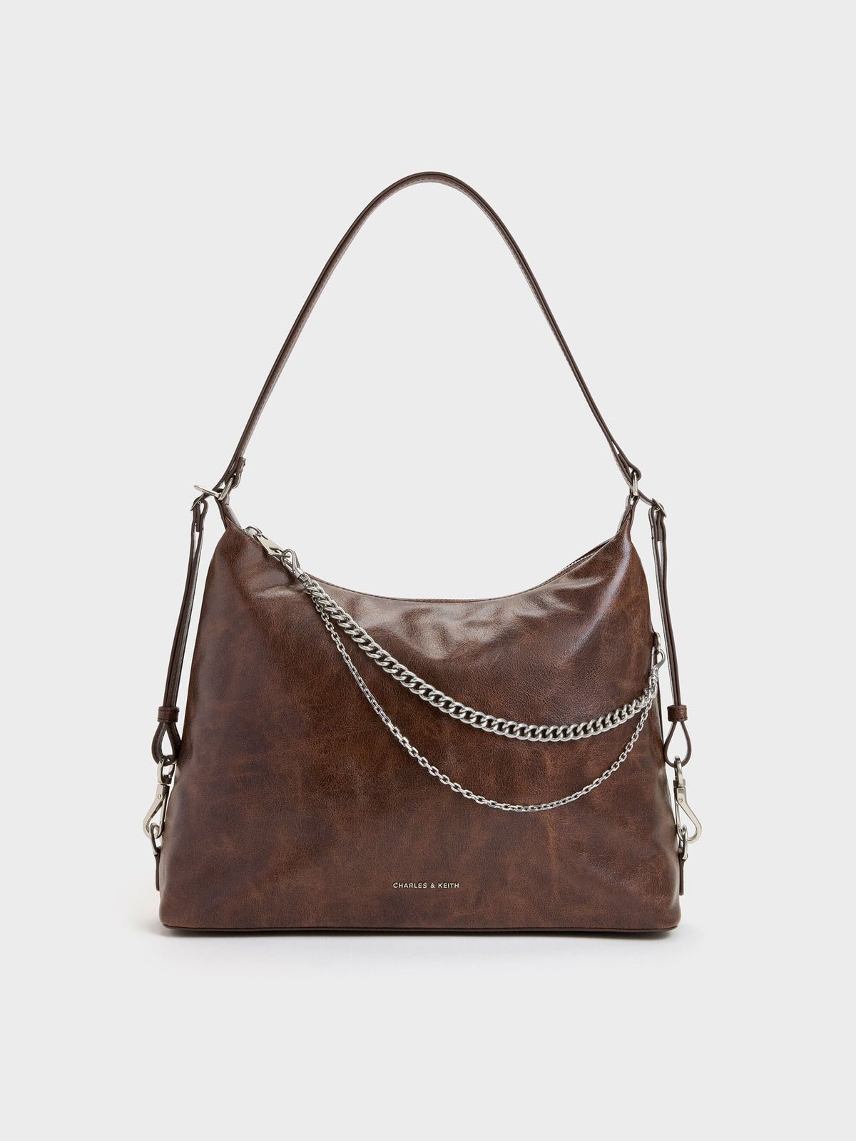 Atwood Chain Convertible Hobo Bag - Distressed Coffee | CHARLES & KEITH