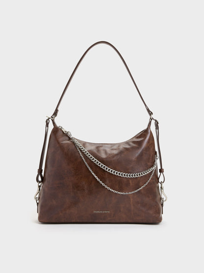 Atwood Chain Convertible Hobo Bag - Distressed Coffee | CHARLES & KEITH