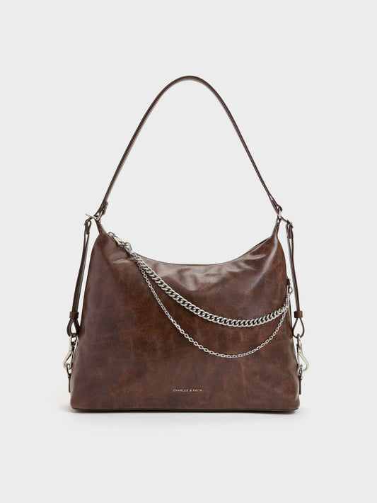 Atwood Chain Convertible Hobo Bag - Distressed Coffee | CHARLES & KEITH