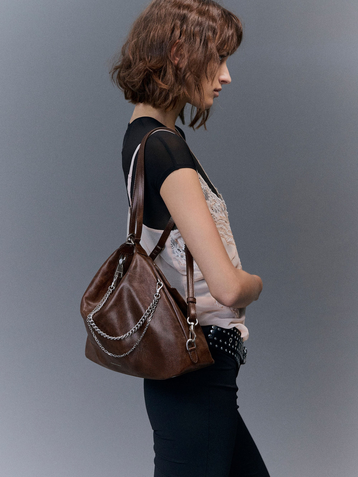 Atwood Chain Convertible Hobo Bag - Distressed Coffee | CHARLES & KEITH