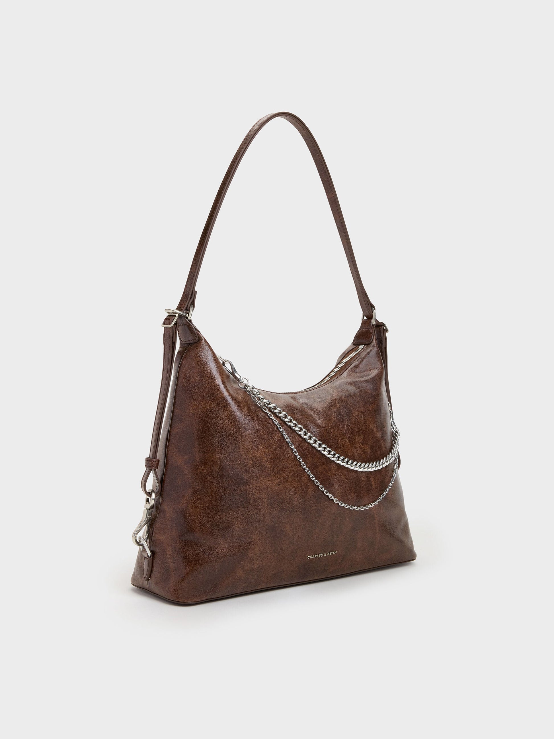 Atwood Chain Convertible Hobo Bag - Distressed Coffee | CHARLES & KEITH