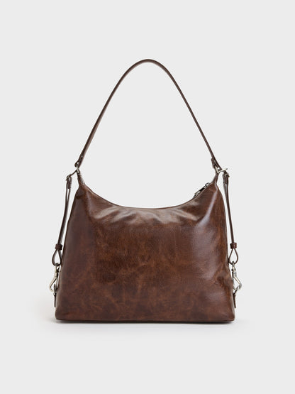 Atwood Chain Convertible Hobo Bag - Distressed Coffee | CHARLES & KEITH