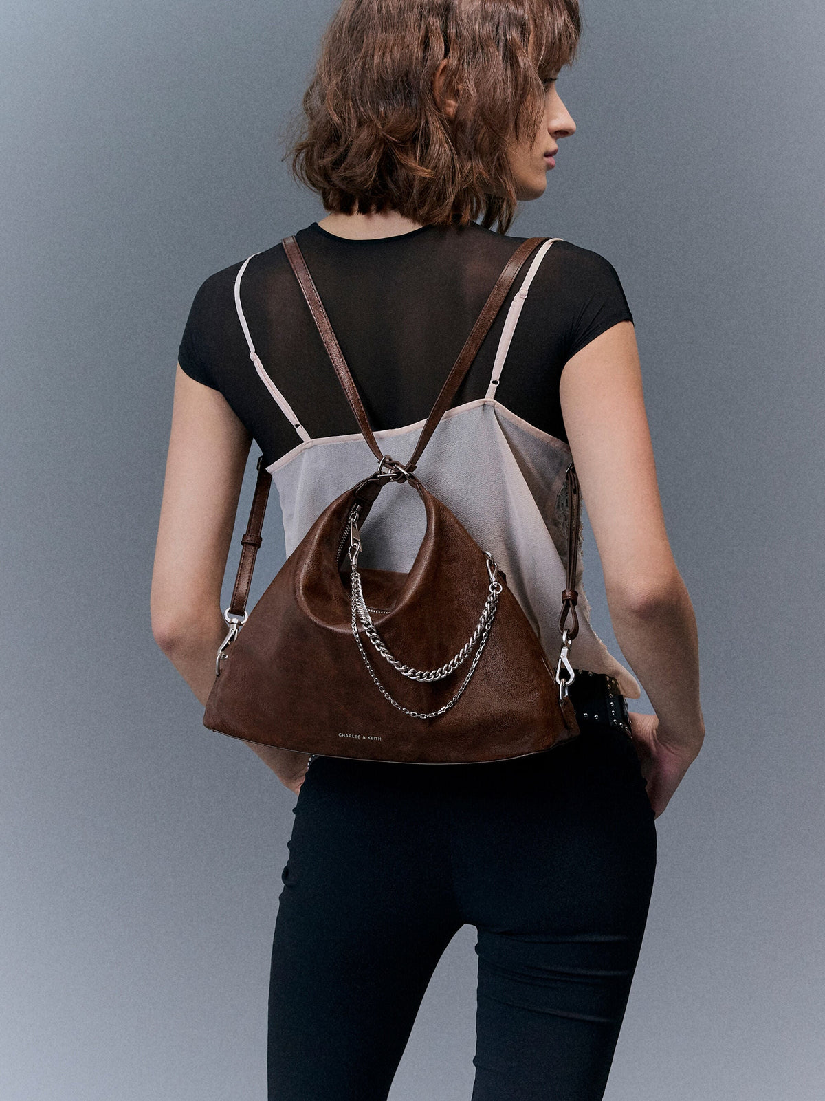 Atwood Chain Convertible Hobo Bag - Distressed Coffee | CHARLES & KEITH