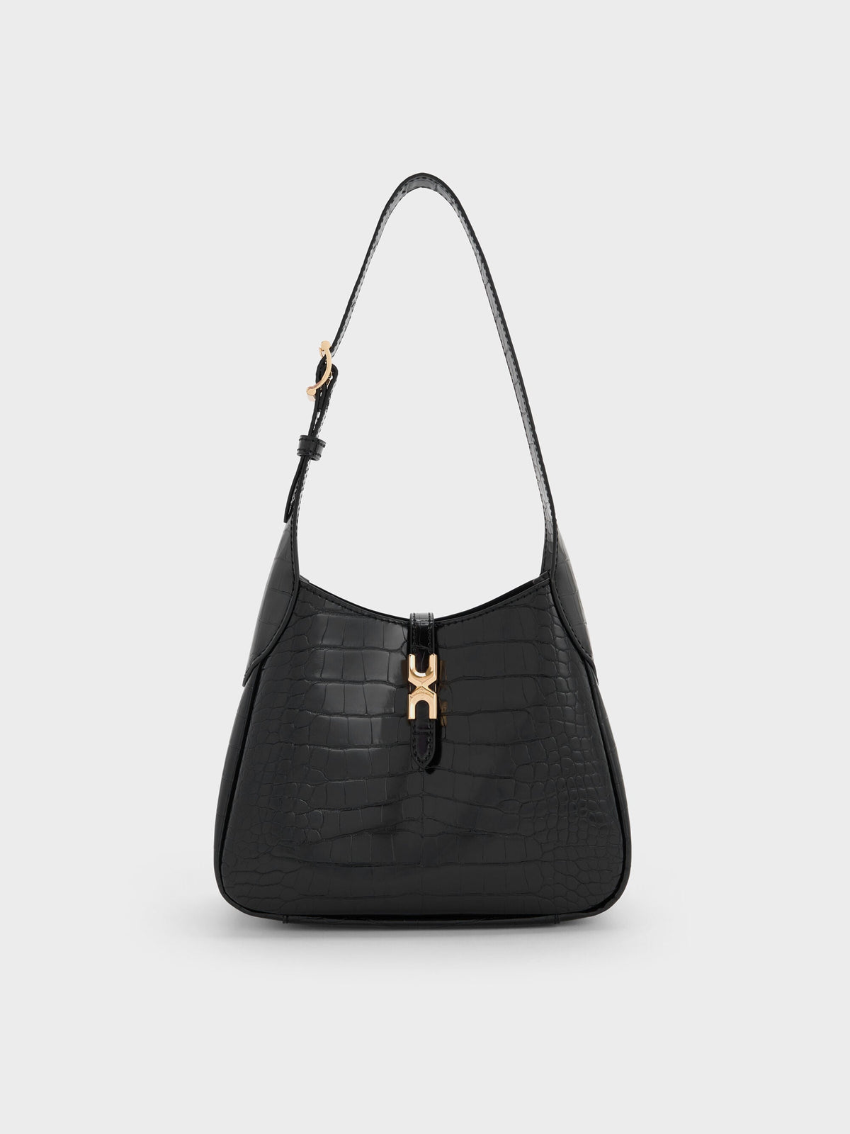 Mini Adalyn Croc-Effect Hobo Bag - Black Croco | CHARLES & KEITH