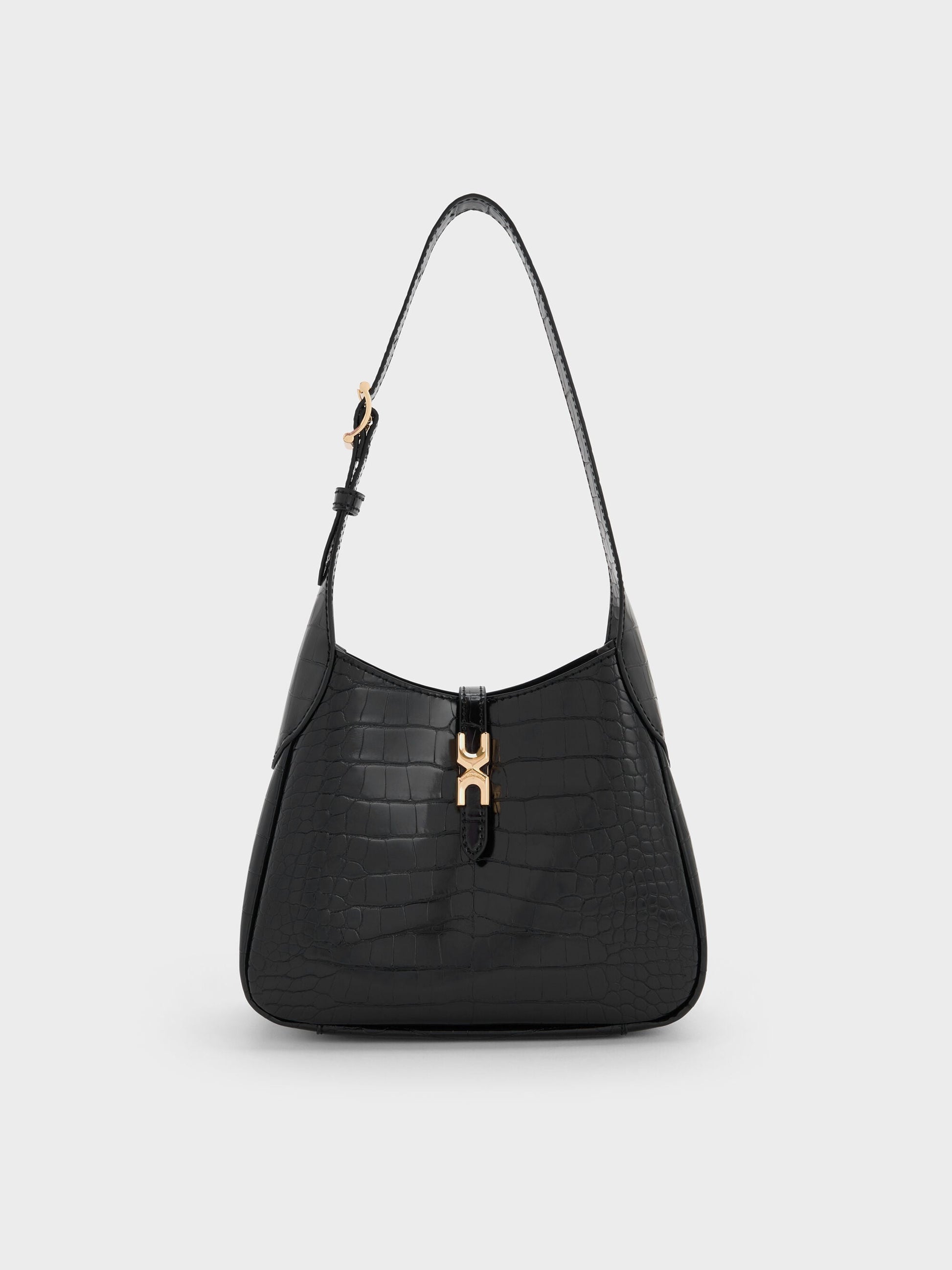 Mini Adalyn Croc-Effect Hobo Bag - Black Croco | CHARLES & KEITH