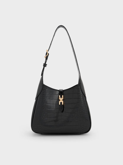 Mini Adalyn Croc-Effect Hobo Bag - Black Croco | CHARLES & KEITH