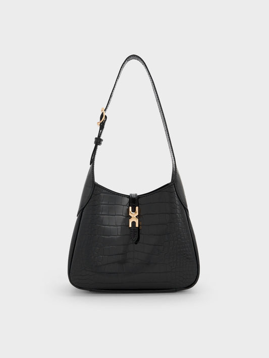 Mini Adalyn Croc-Effect Hobo Bag - Black Croco | CHARLES & KEITH