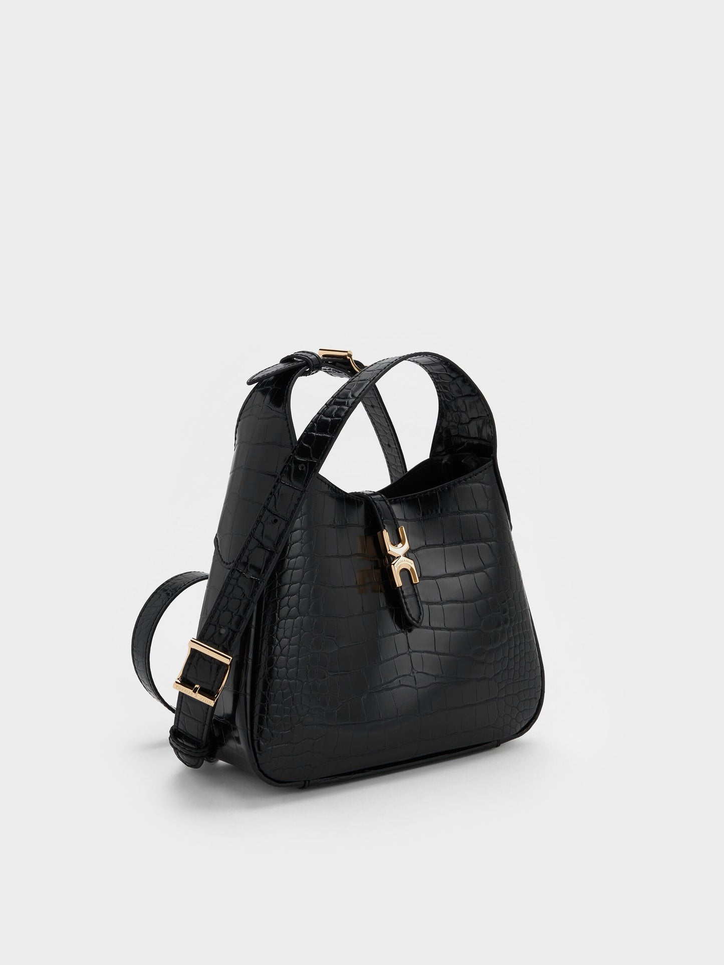 Mini Adalyn Croc-Effect Hobo Bag - Black Croco | CHARLES & KEITH