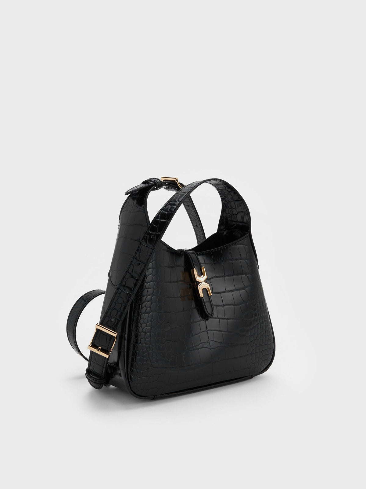Mini Adalyn Croc-Effect Hobo Bag - Black Croco | CHARLES & KEITH