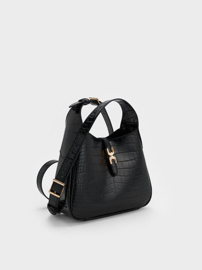 Mini Adalyn Croc-Effect Hobo Bag - Black Croco | CHARLES & KEITH