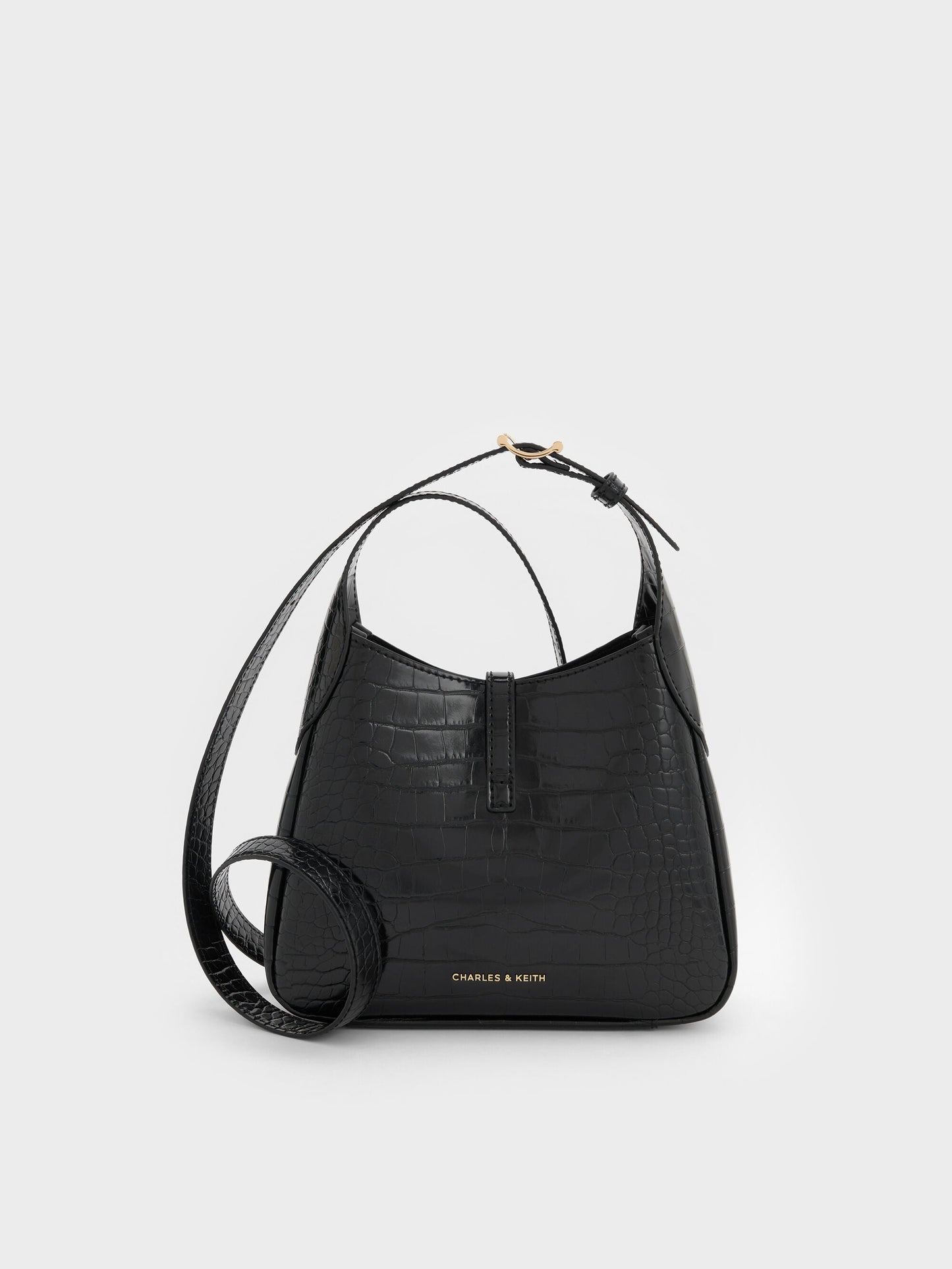 Mini Adalyn Croc-Effect Hobo Bag - Black Croco | CHARLES & KEITH