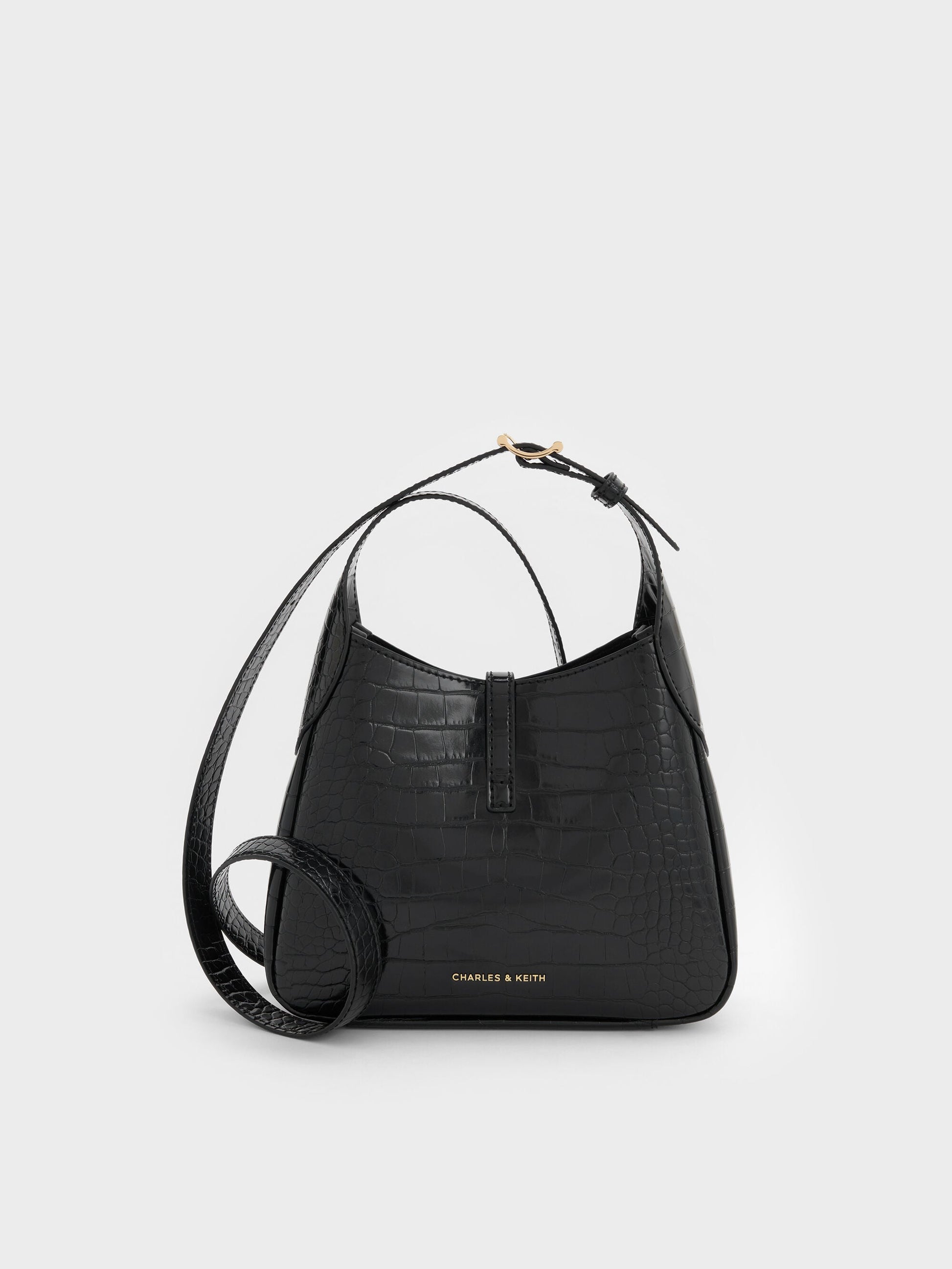 Mini Adalyn Croc-Effect Hobo Bag - Black Croco | CHARLES & KEITH