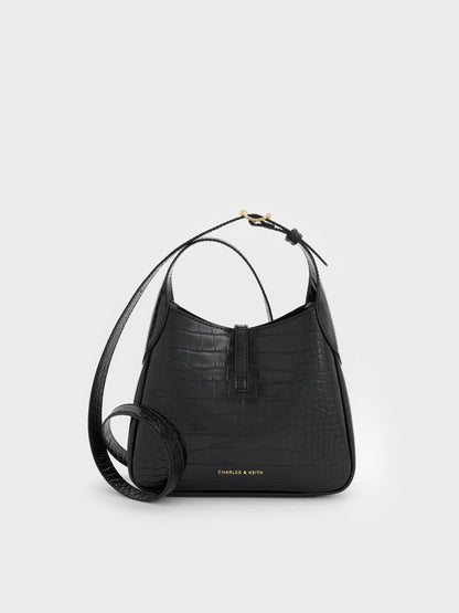 Mini Adalyn Croc-Effect Hobo Bag - Black Croco | CHARLES & KEITH