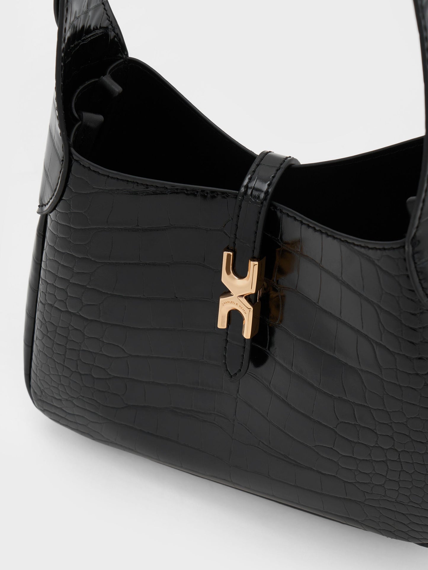 Mini Adalyn Croc-Effect Hobo Bag - Black Croco | CHARLES & KEITH