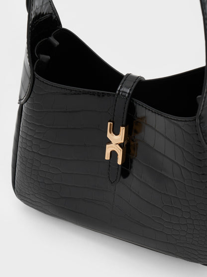 Mini Adalyn Croc-Effect Hobo Bag - Black Croco | CHARLES & KEITH