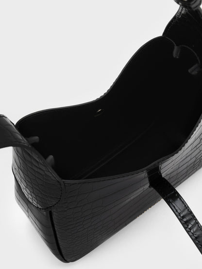 Mini Adalyn Croc-Effect Hobo Bag - Black Croco | CHARLES & KEITH