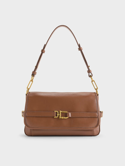 Gwynne Metallic-Buckle Belted Shoulder Bag - Chocolate | CHARLES & KEITH