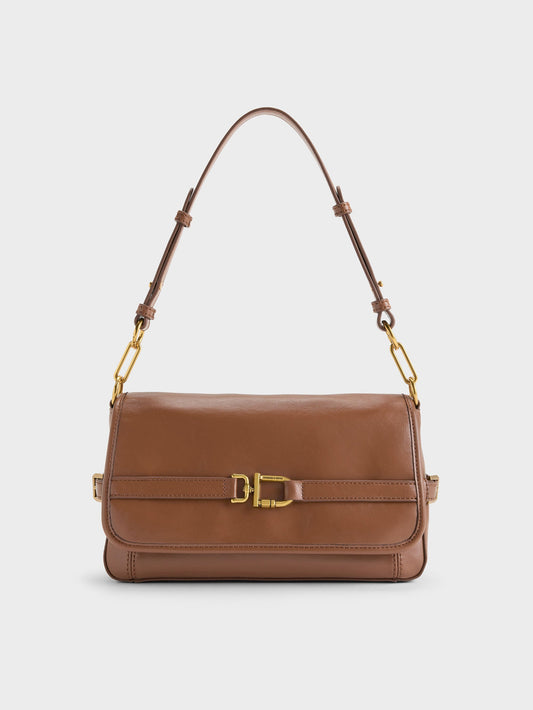 Gwynne Metallic-Buckle Belted Shoulder Bag - Chocolate | CHARLES & KEITH