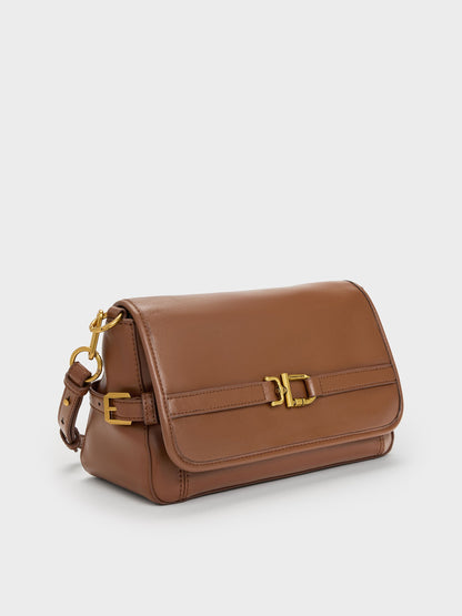Gwynne Metallic-Buckle Belted Shoulder Bag - Chocolate | CHARLES & KEITH