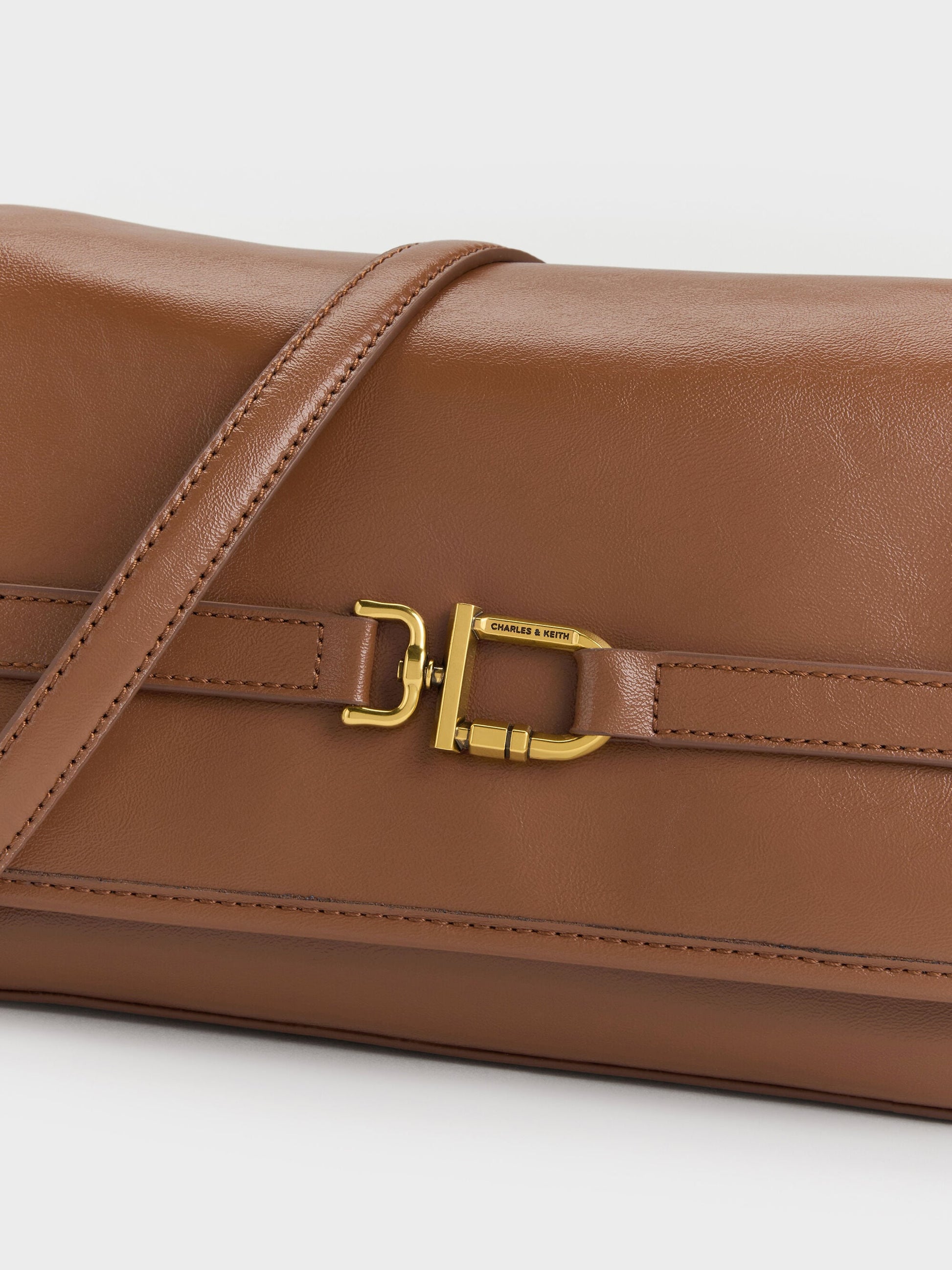 Gwynne Metallic-Buckle Belted Shoulder Bag - Chocolate | CHARLES & KEITH
