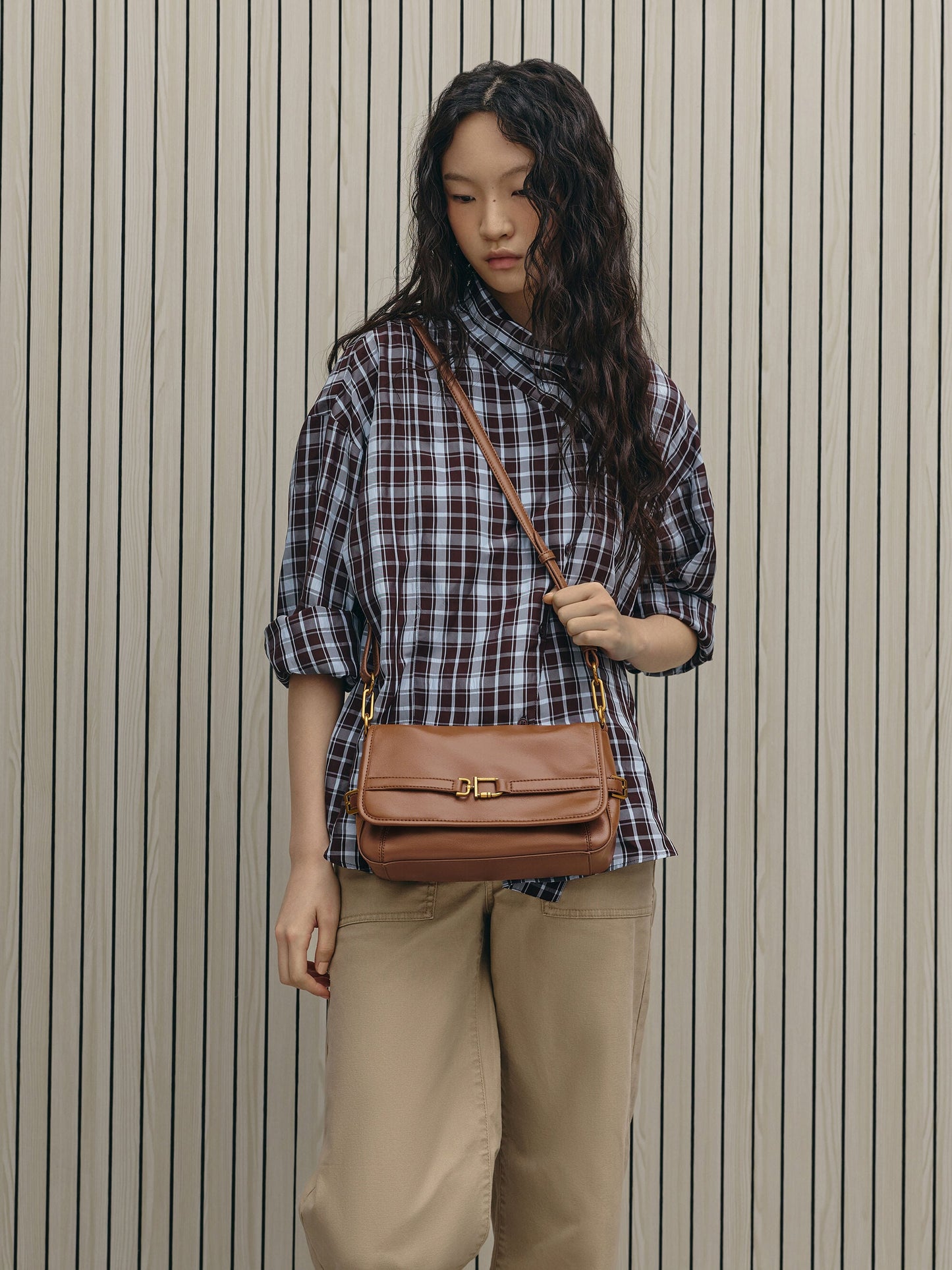 Gwynne Metallic-Buckle Belted Shoulder Bag - Chocolate | CHARLES & KEITH