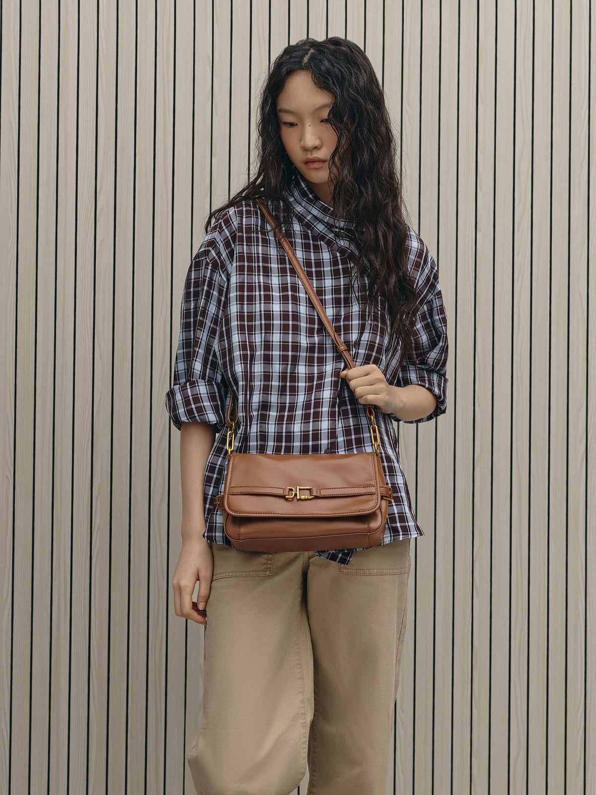 Gwynne Metallic-Buckle Belted Shoulder Bag - Chocolate | CHARLES & KEITH