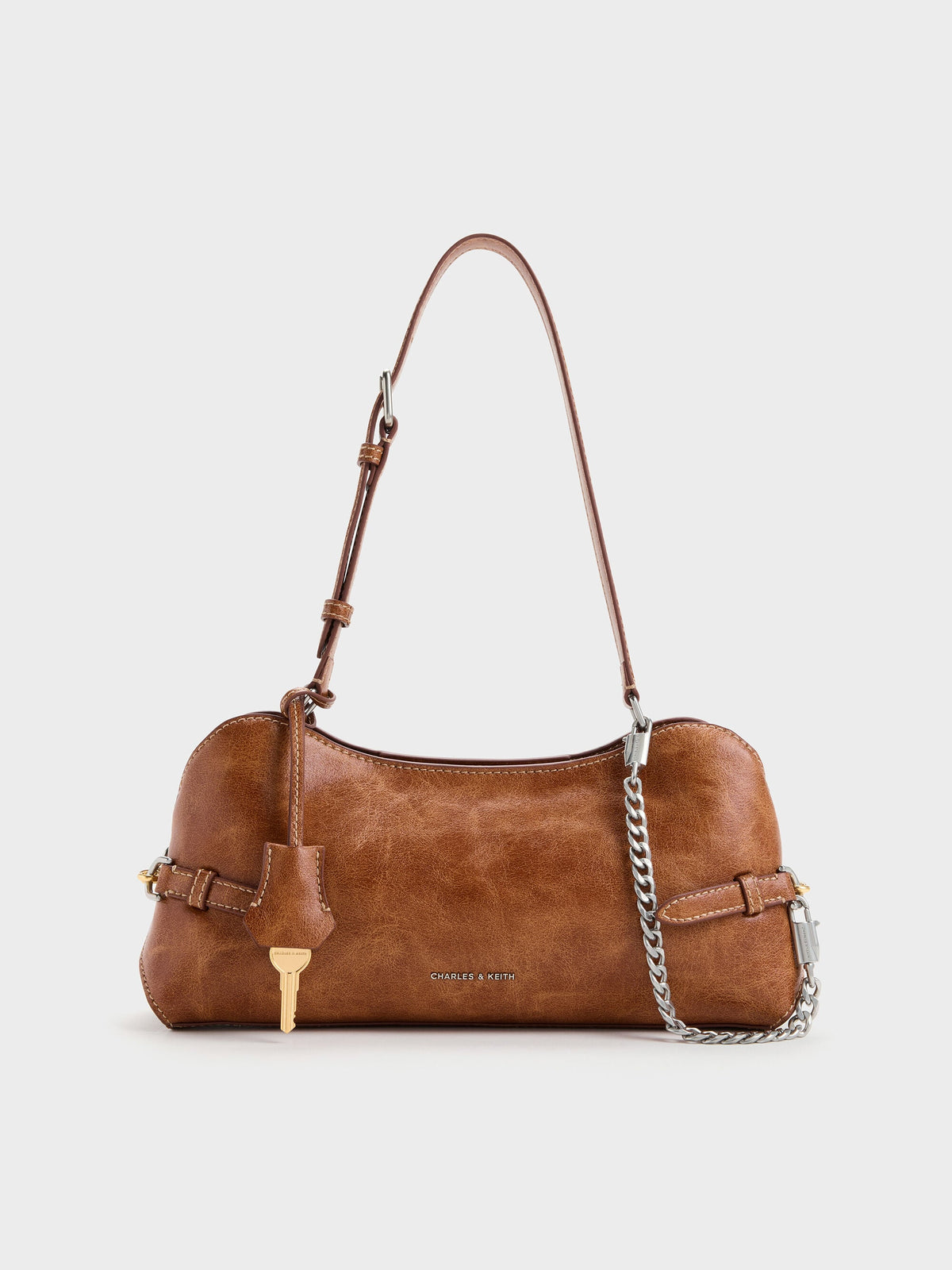 Delfina Chain Side-Belt Shoulder Bag - Distressed Tan | CHARLES & KEITH