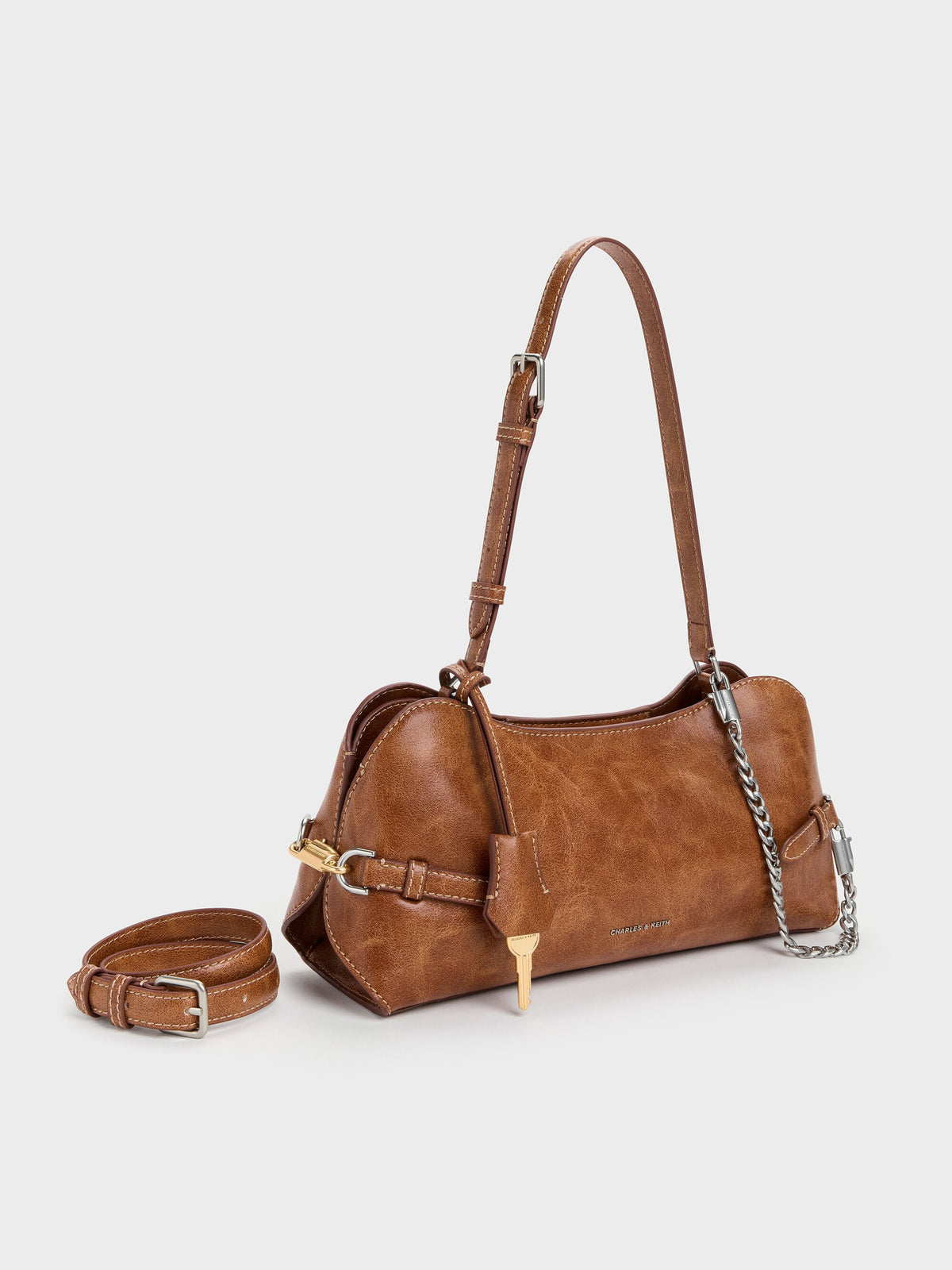 Delfina Chain Side-Belt Shoulder Bag - Distressed Tan | CHARLES & KEITH