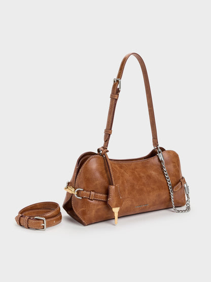 Delfina Chain Side-Belt Shoulder Bag - Distressed Tan | CHARLES & KEITH