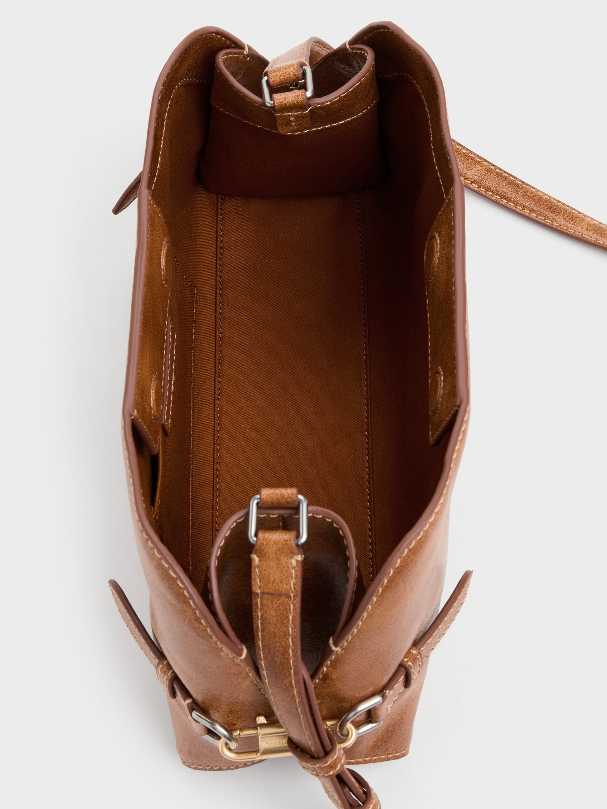 Delfina Chain Side-Belt Shoulder Bag - Distressed Tan | CHARLES & KEITH