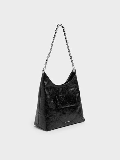 Duo Quilted Front-Pocket Chain Hobo Bag - Noir | CHARLES & KEITH